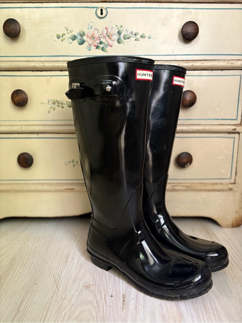 Hunter Gloss Black Tall Rain Boots with Side Buckle